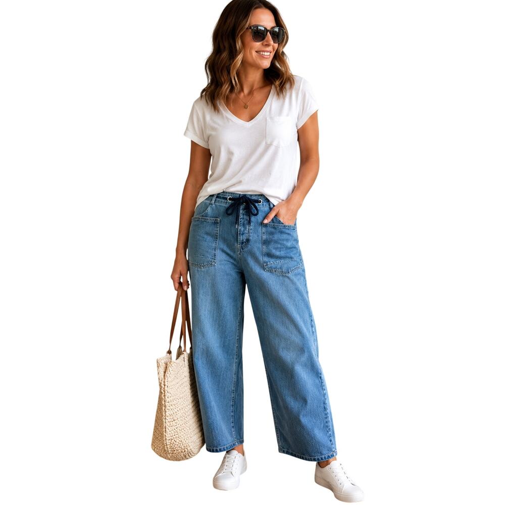 Aaron & Amber NWT Wide Leg Drawstring Jeans Patch Pocket Blue Size Large